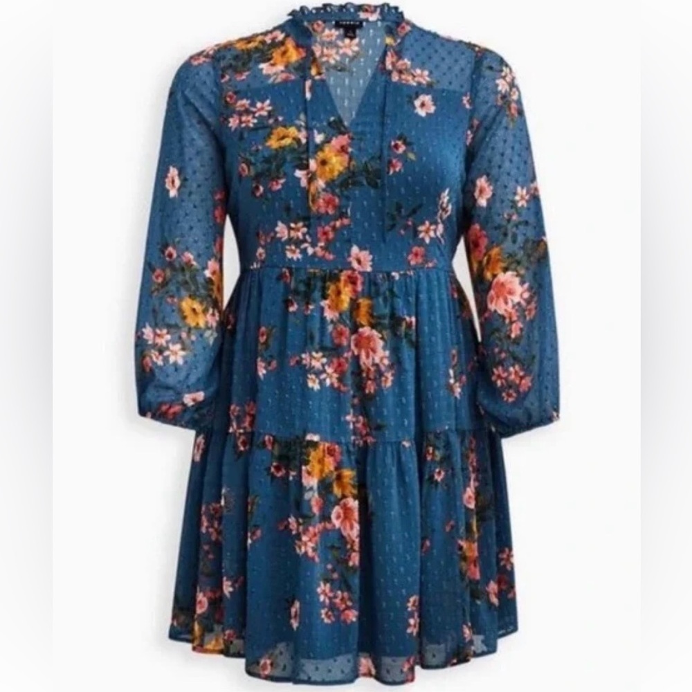 Torrid Blue Sheer Tiered Long Sleeve Floral Mini Dress in Size 2